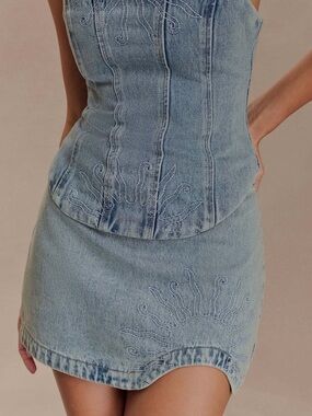 Meshki Light Vintage Denim Embroidered Mini Skirt
